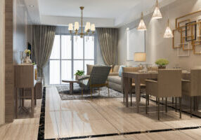 3d rendering loft luxury living room with shelf near dining table